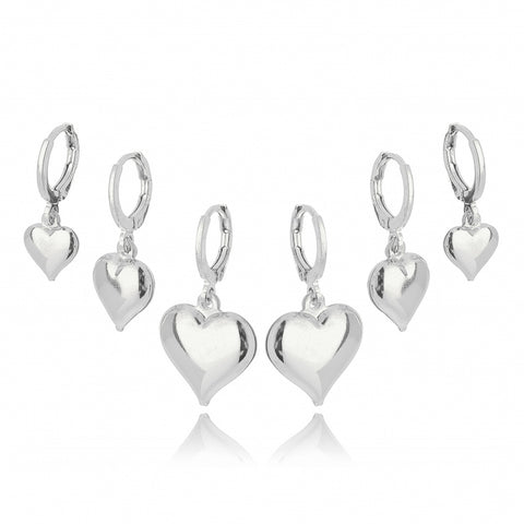 HEART DROP TRIO EARRINGS | White Rhodium Plated