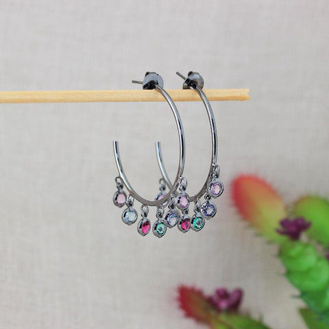 COLORED STONES HOOP EARRINGS | Black Rhodium Plated